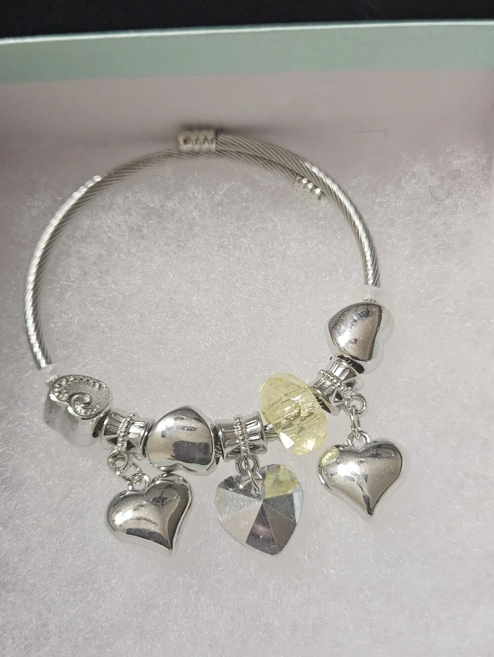 Silver Heart Charm Bangle with Green and Yellow Crystal Accents